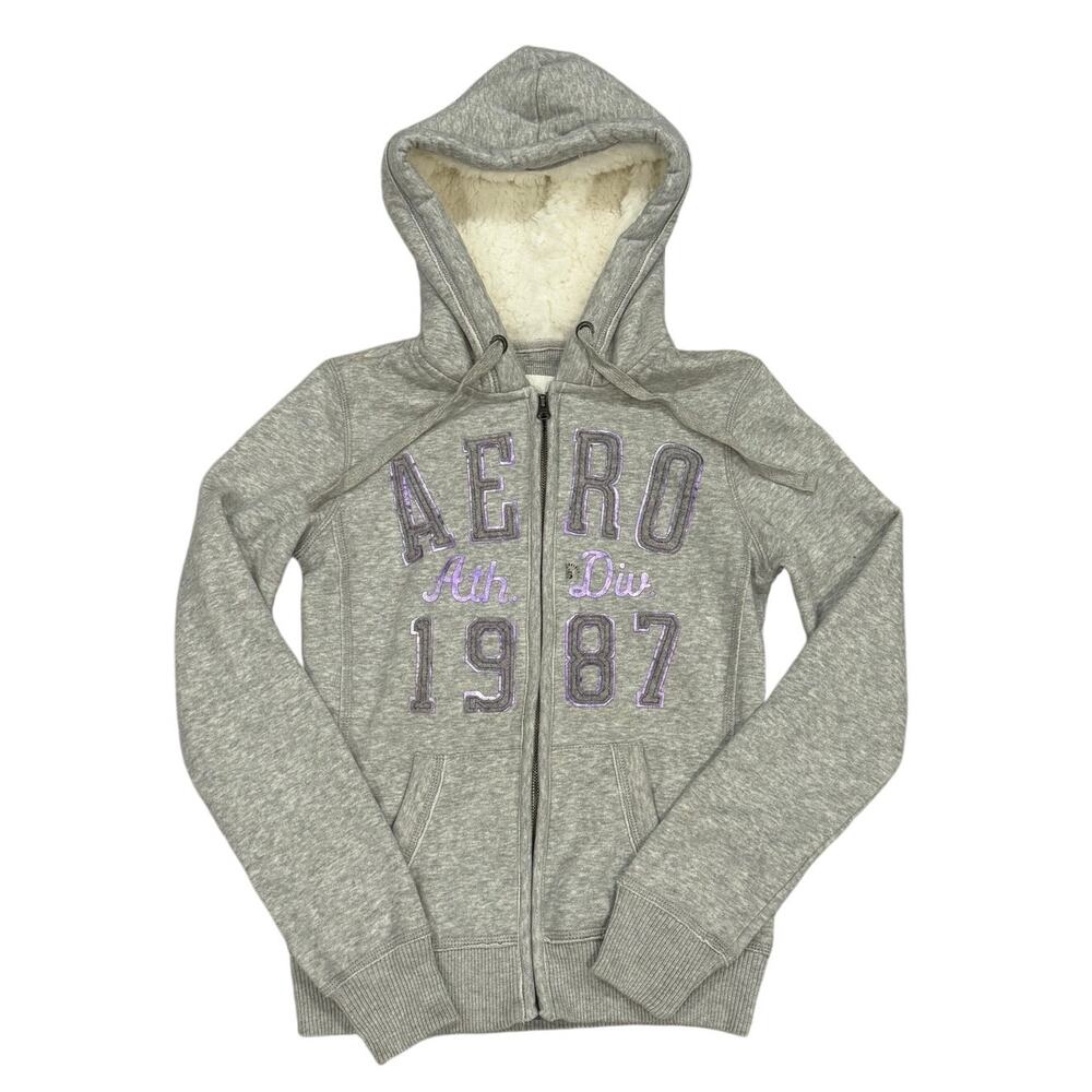 Aeropostale Women S Gray AERO 1987 Faux Fur Full Zip Hoodie Embroidered Logo NWT
